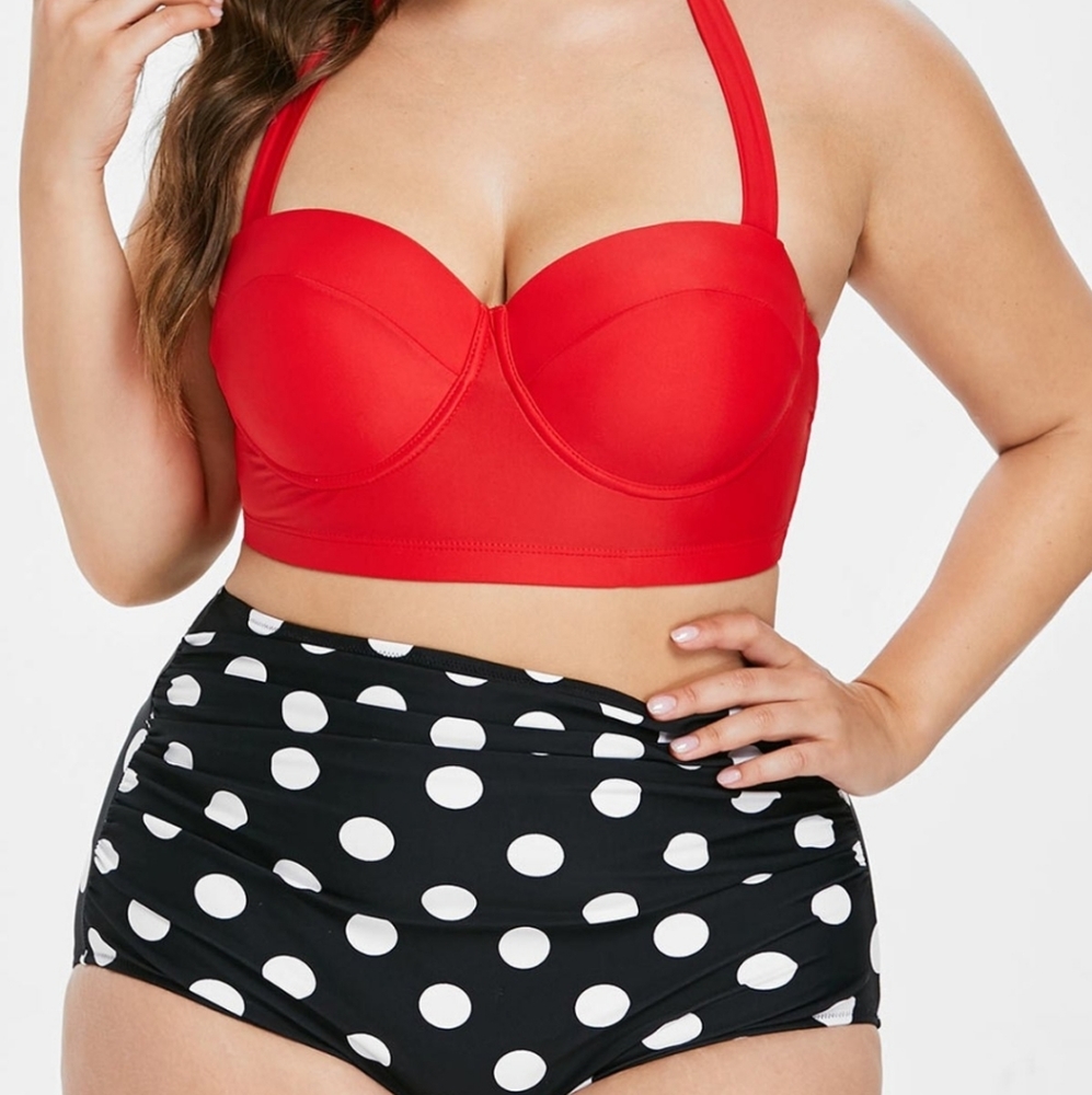 Plus Size: High Waisted Red & Polka Dot Bikini